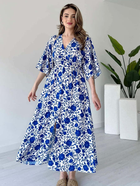 Lady blue floral rayon fit & flare dress front view