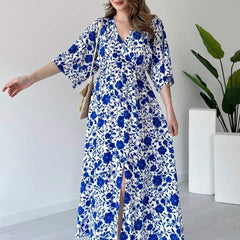 Lady blue printed rayon dress side pose