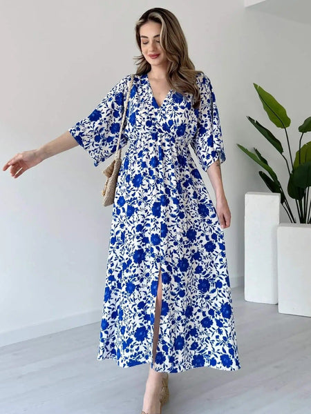 Lady blue printed rayon dress side pose