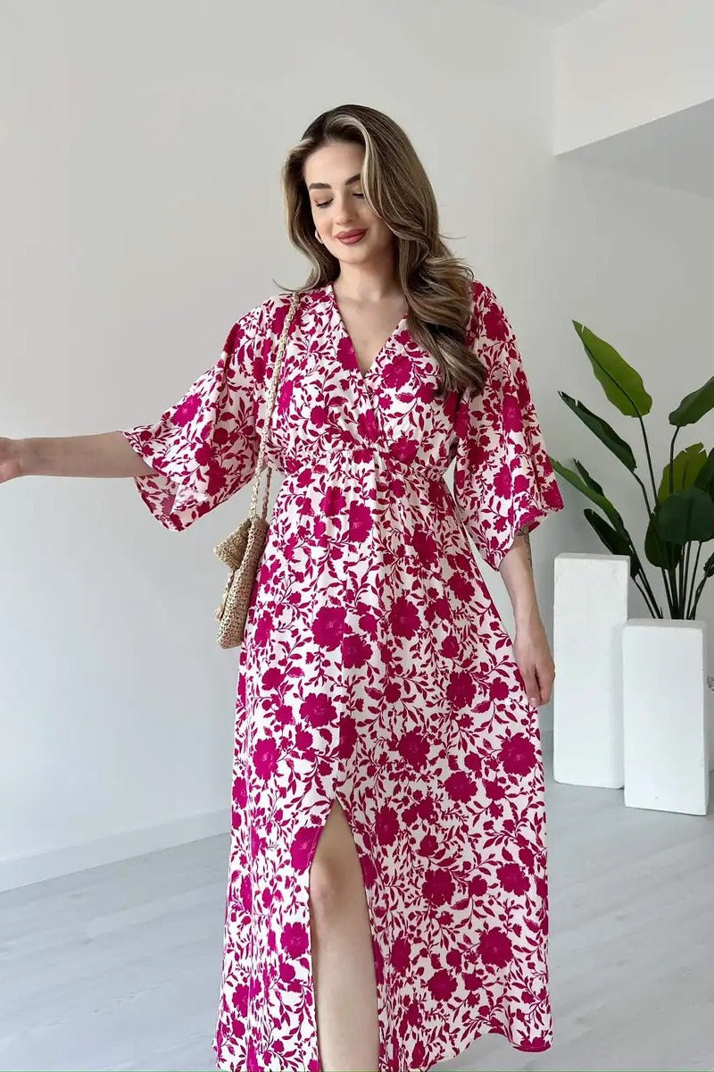 Girl pink printed rayon dress walking pose