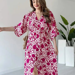 Girl pink printed rayon dress walking pose