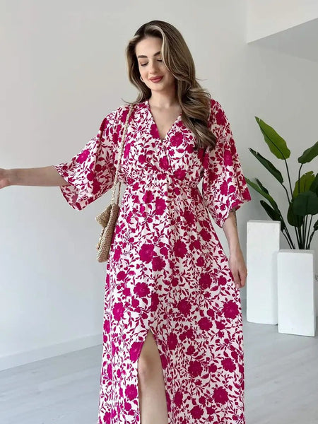 Girl pink printed rayon dress walking pose