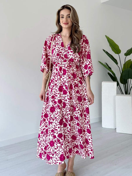 Girl pink floral rayon fit and flare dress front view