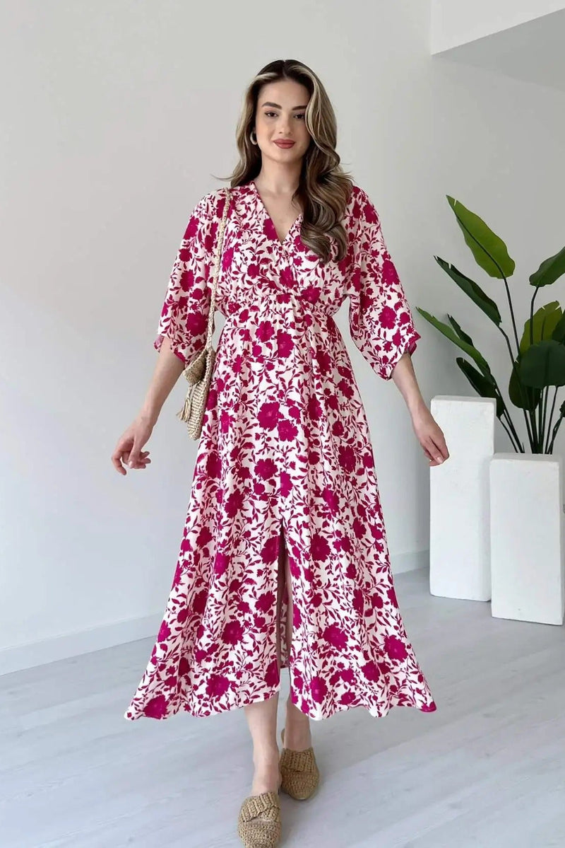 Pink floral V neck fit and flare dress for girl