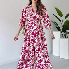 Pink floral V neck fit and flare dress for girl