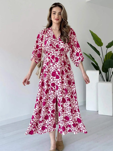 Pink floral V neck fit and flare dress for girl