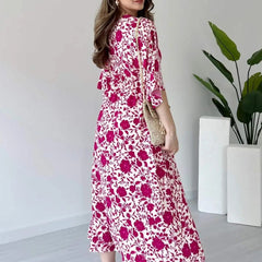 Girl wearing pink floral calf length rayon dress