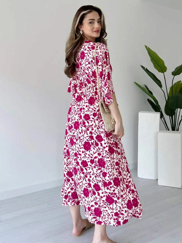 Girl wearing pink floral calf length rayon dress