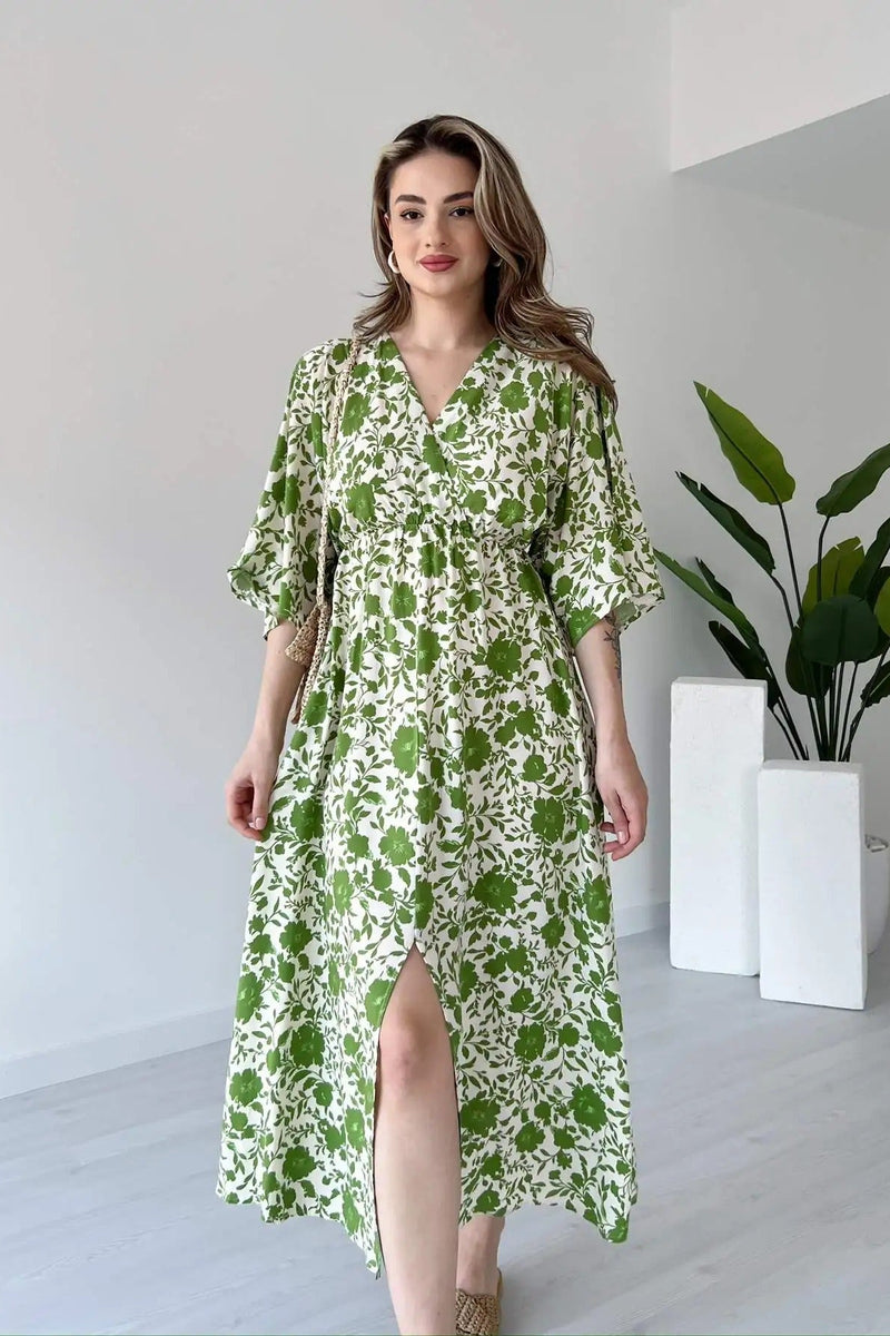 Girl green floral rayon fit and flare dress front view