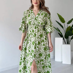Girl green floral rayon fit and flare dress front view