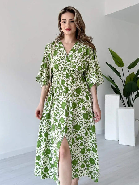 Girl green floral rayon fit and flare dress front view