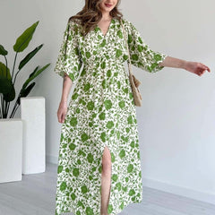 Stylish green printed rayon dress with 3/4 sleeves girl