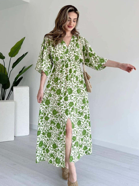 Stylish green printed rayon dress with 3/4 sleeves girl
