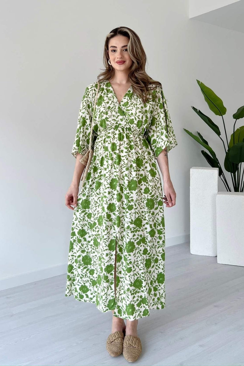 Girl green floral rayon dress side pose