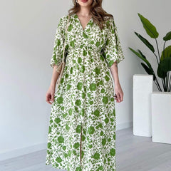 Girl green floral rayon dress side pose