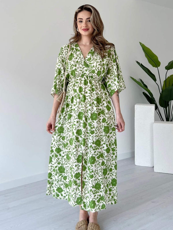Girl green floral rayon dress side pose