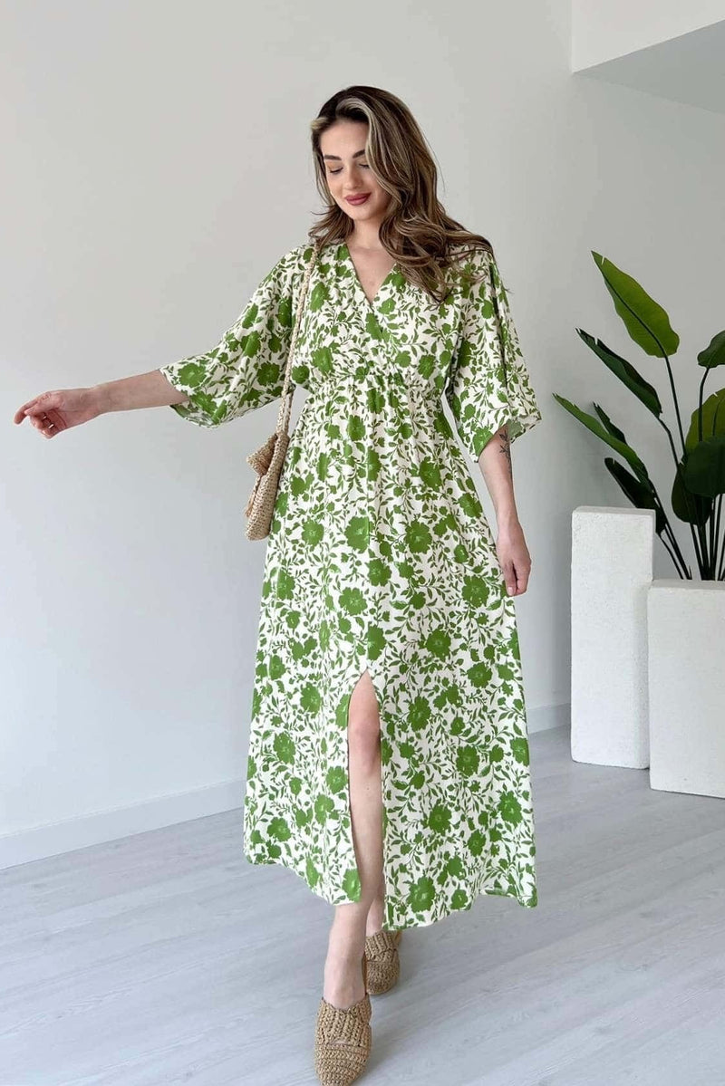 Green floral V neck fit and flare dress for girl