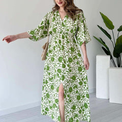 Green floral V neck fit and flare dress for girl