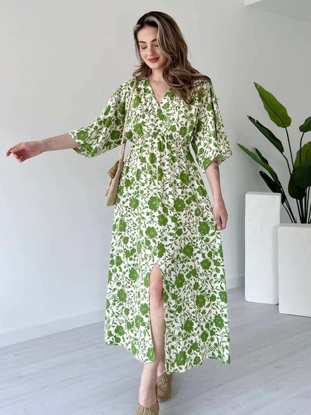 Green floral V neck fit and flare dress for girl