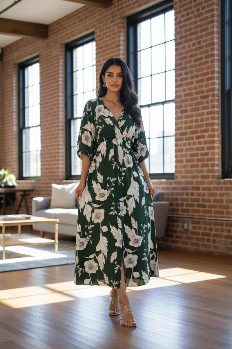 Femail green floral rayon fit and flare dress front view
