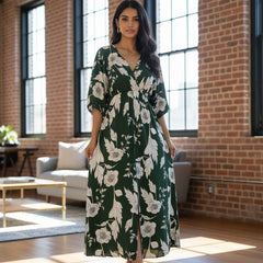 Femail green floral rayon fit and flare dress front view
