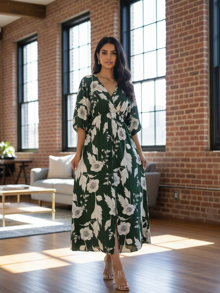 Femail green floral rayon fit and flare dress front view
