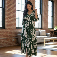 Elegant green floral rayon dress with 3/4 sleeves
