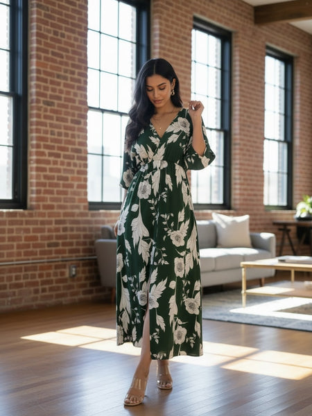 Elegant green floral rayon dress with 3/4 sleeves
