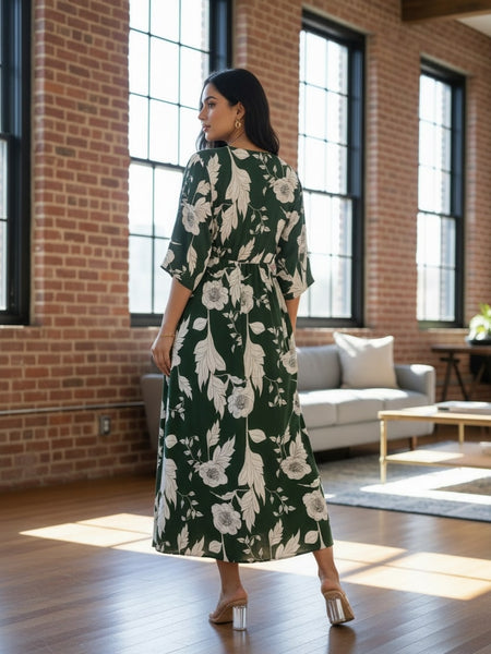 Femail wearing green floral calf length rayon dress
