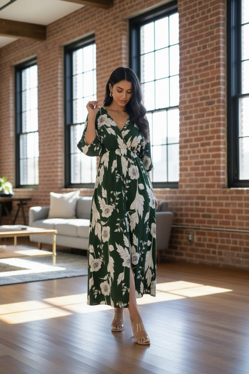 Green floral V neck fit and flare dress for femail
