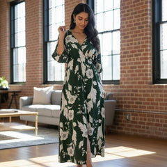 Green floral V neck fit and flare dress for femail
