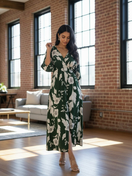 Green floral V neck fit and flare dress for femail
