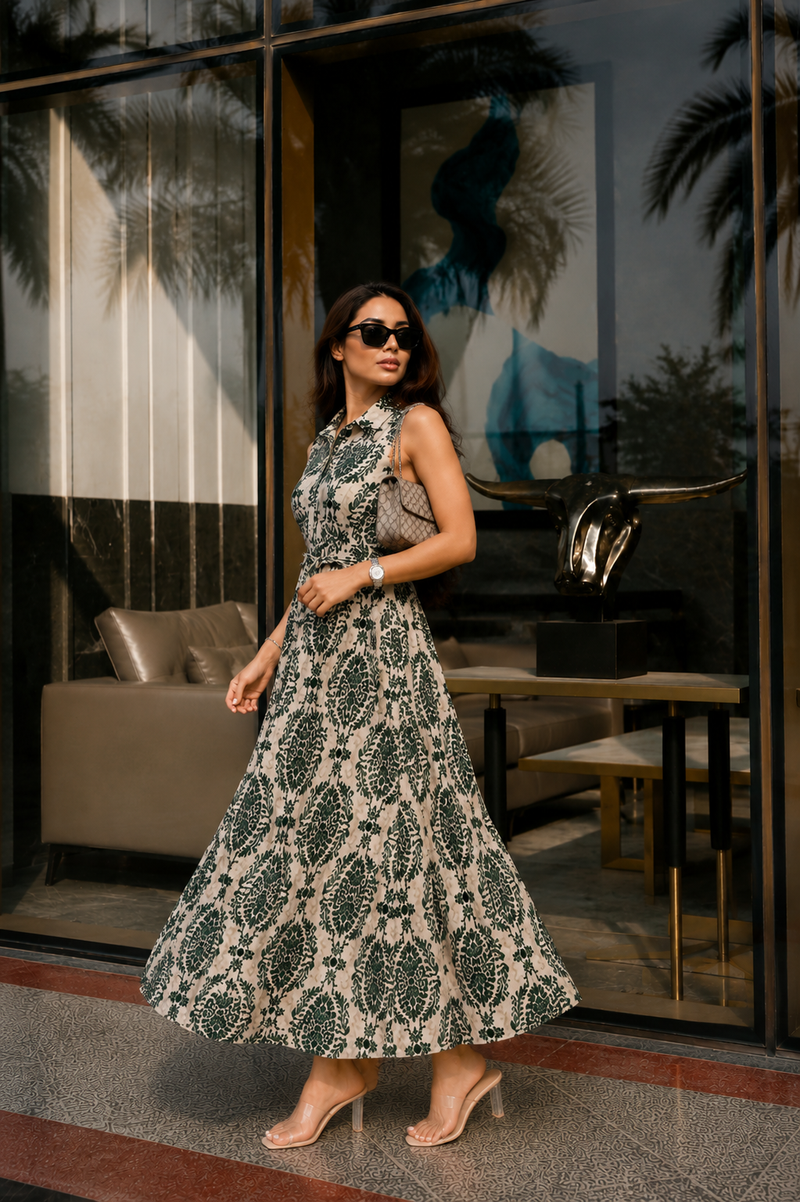 Green Printed Rayon Fit & Flare Dress for Woman