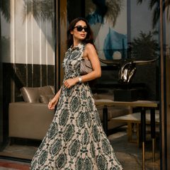 Green Printed Rayon Fit & Flare Dress for Woman