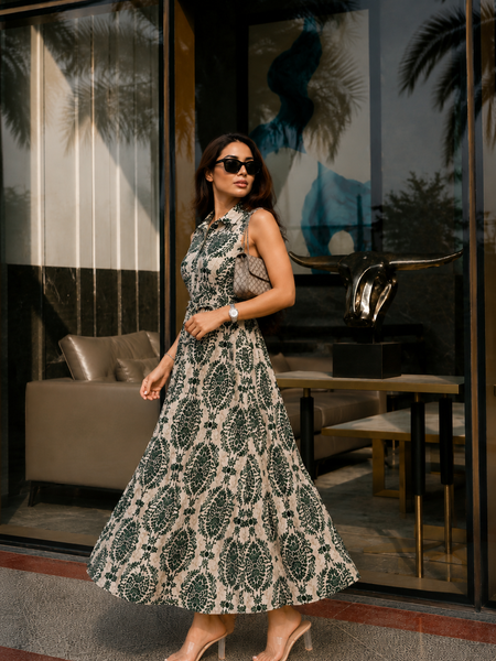 Green Printed Rayon Fit & Flare Dress for Woman