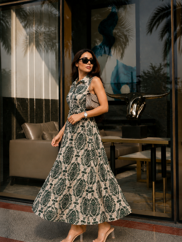 Green Printed Rayon Fit & Flare Dress for Woman