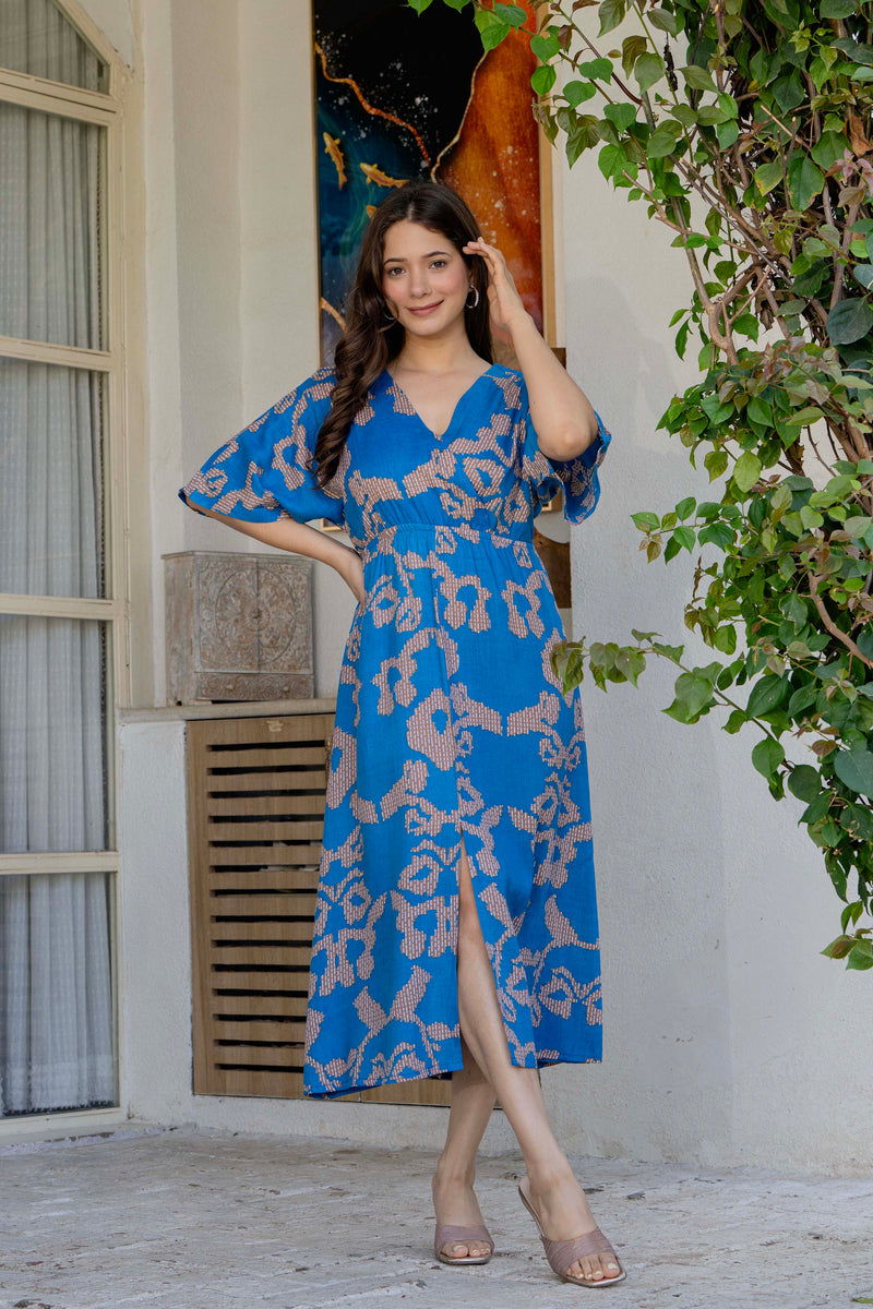 Female blue rayon fit and flare dress front view
