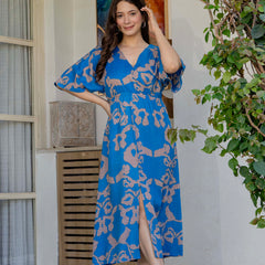 Female blue rayon fit and flare dress front view
