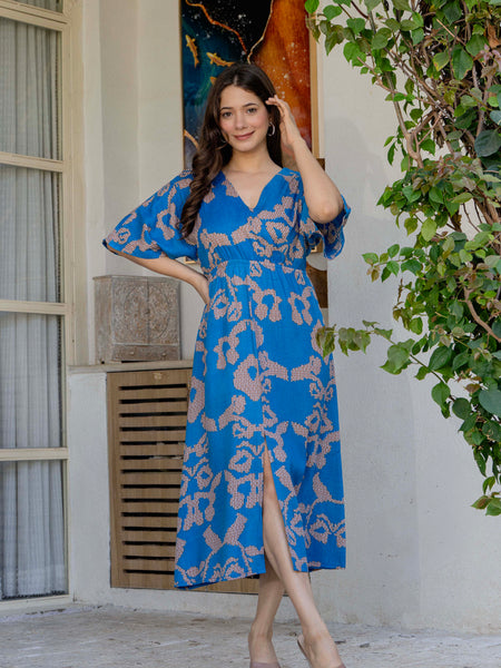 Female blue rayon fit and flare dress front view
