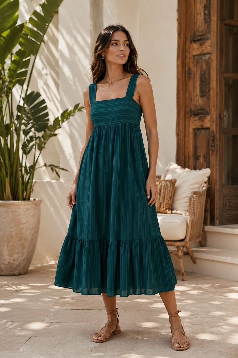 Striped Fit & Flare Casual Midi Dress