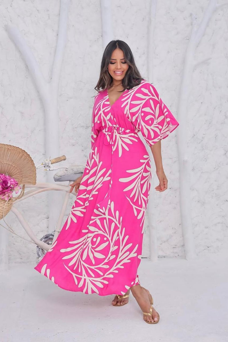 Woman pink rayon fit and flare dress front view
