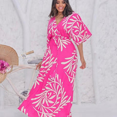 Woman pink rayon fit and flare dress front view
