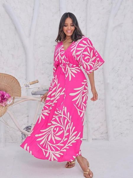 Woman pink rayon fit and flare dress front view
