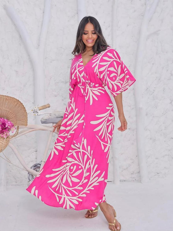 Woman pink rayon fit and flare dress front view
