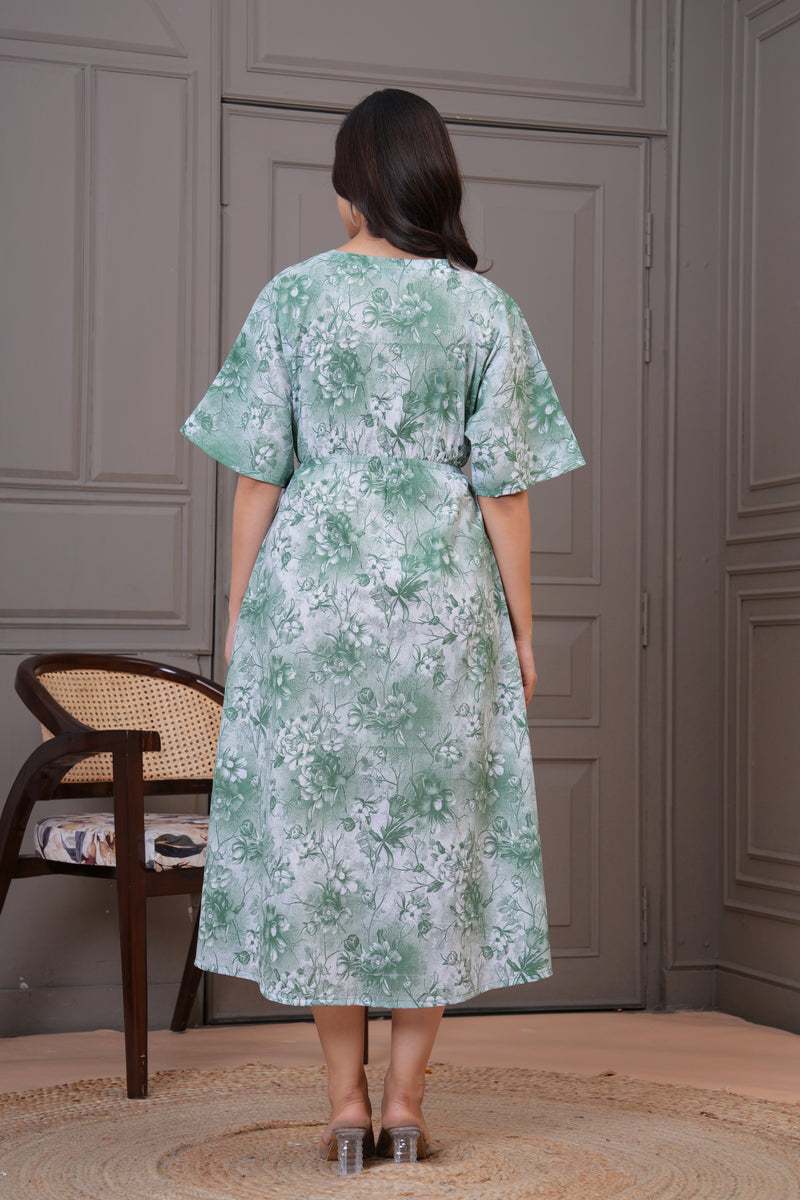Green floral rayon fit and flare lady dress
