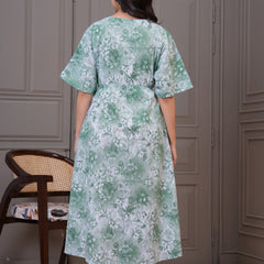Green floral rayon fit and flare lady dress
