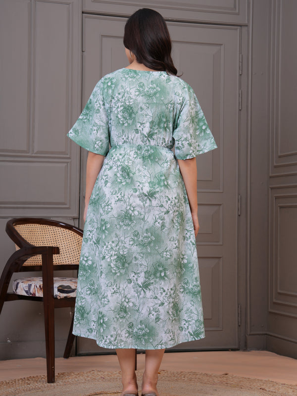 Green floral rayon fit and flare lady dress
