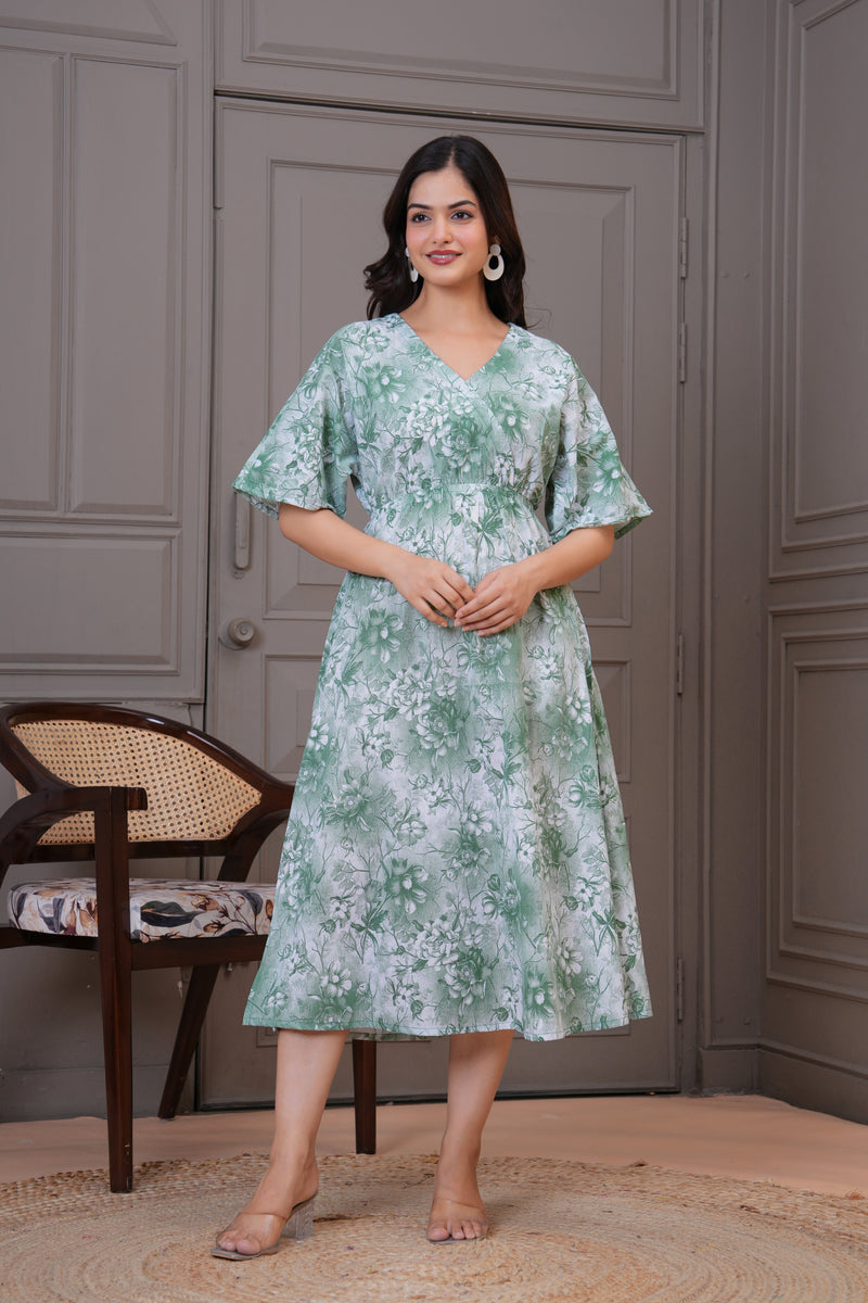 Lady green floral V neck dress front view
