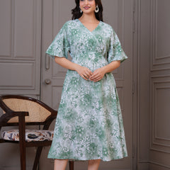 Lady green floral V neck dress front view
