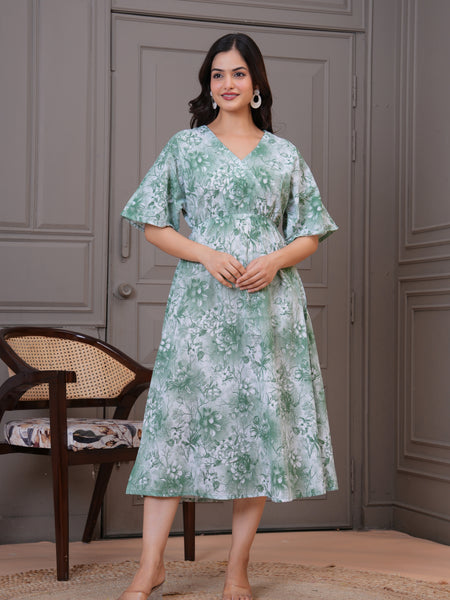 Lady green floral V neck dress front view
